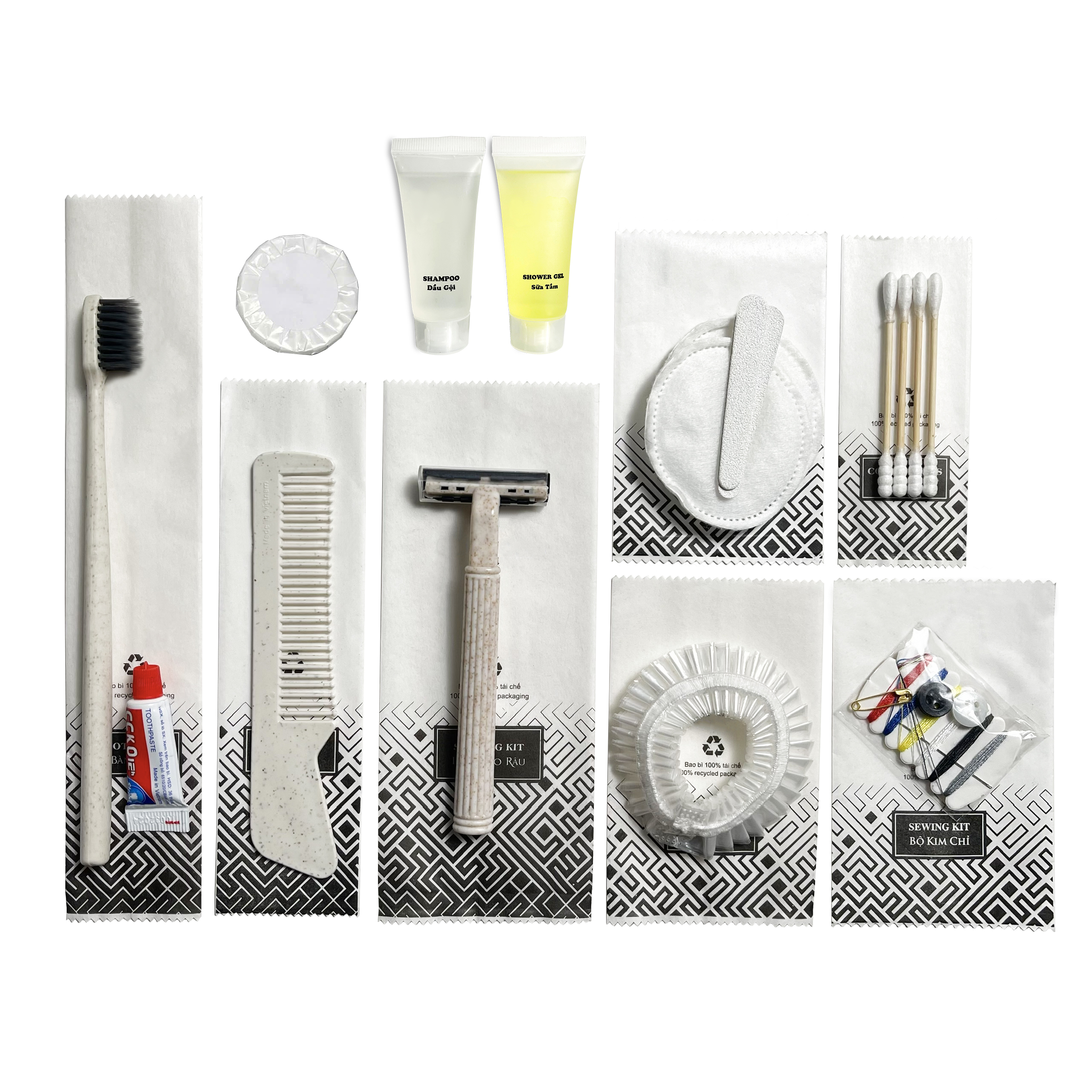 Bộ đồ amenities khách sạn combo 10 món túi giấy trắng lõi lúa mạch