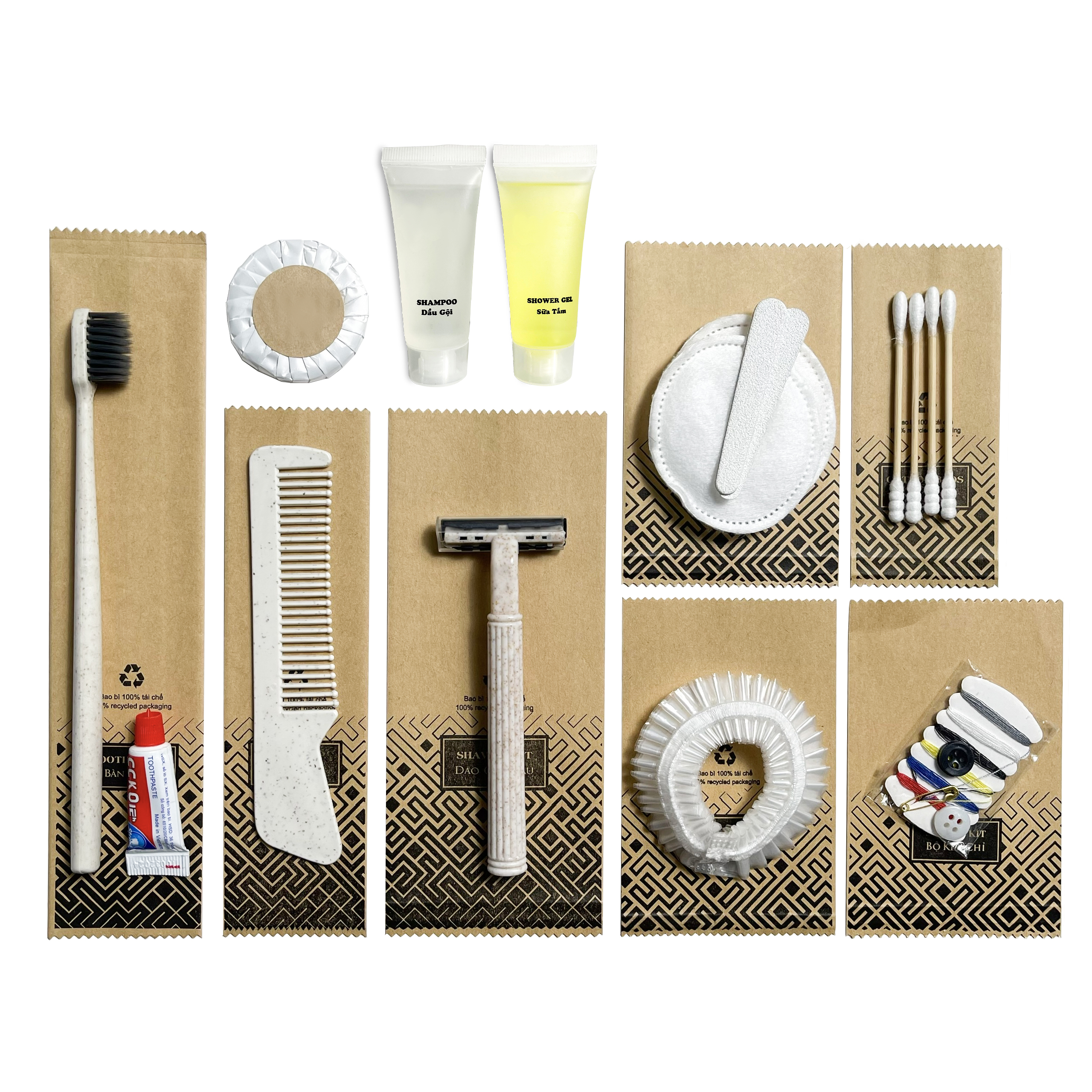 Bộ đồ amenities khách sạn combo 10 món túi kraft lõi lúa mạch