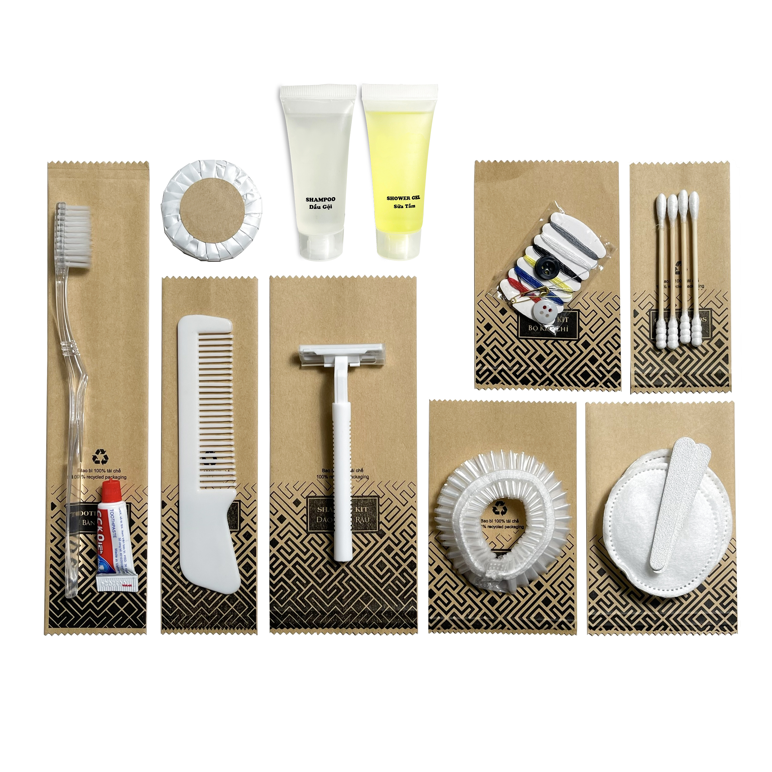 Bộ đồ amenities khách sạn combo 10 món túi kraft lõi nhựa trắng
