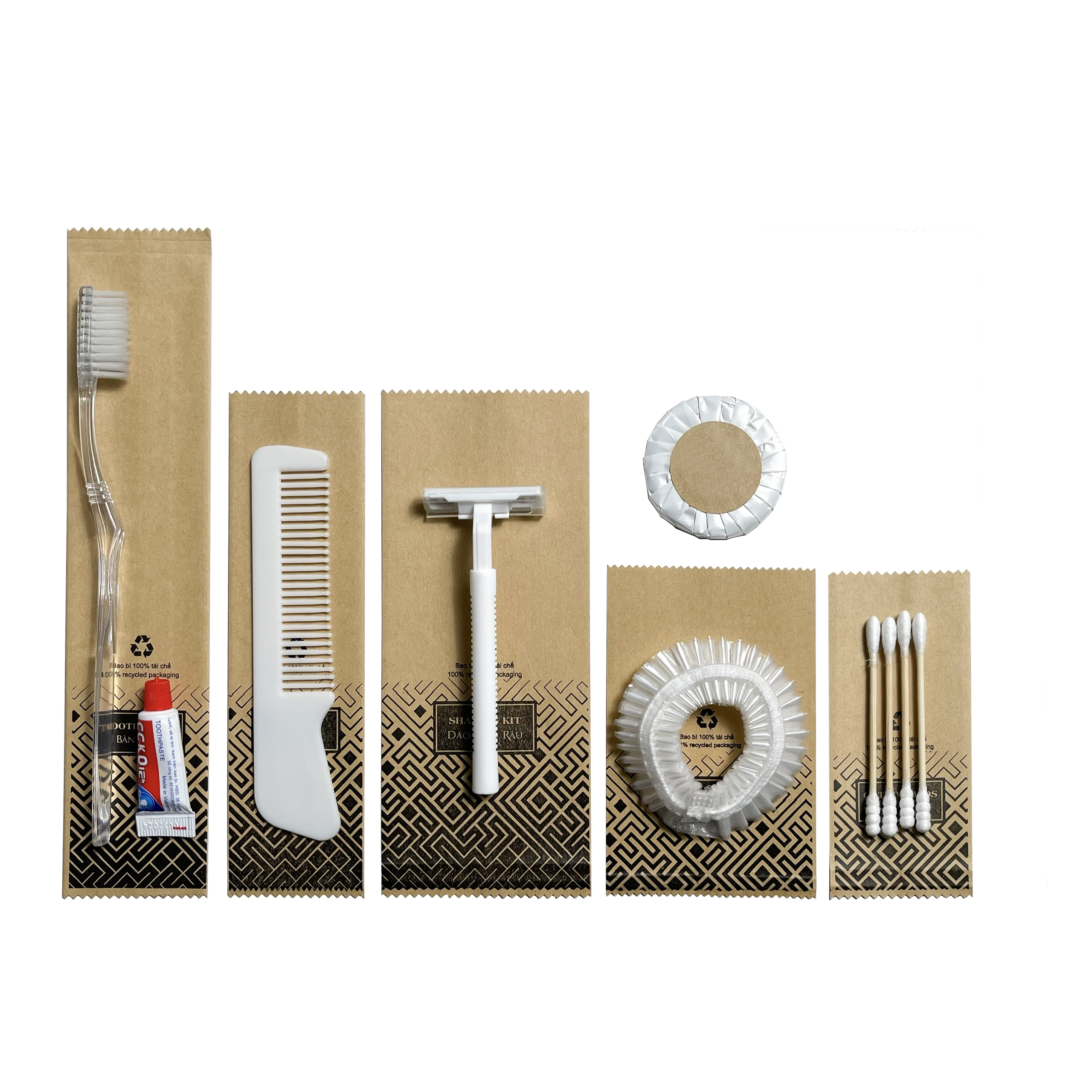 Bộ đồ amenities khách sạn combo 6 món túi kraft lõi nhựa trắng