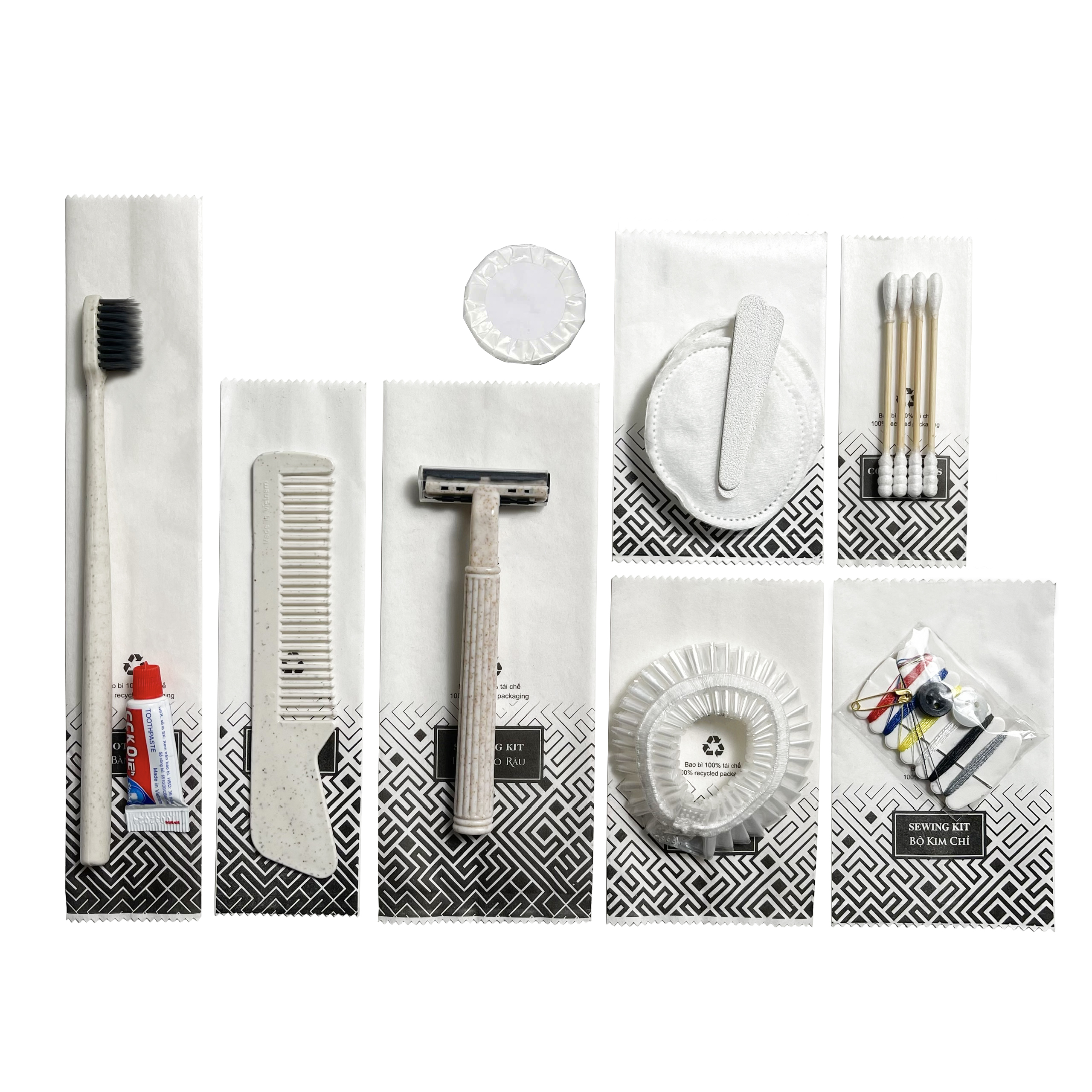 Bộ đồ amenities khách sạn combo 8 món túi giấy trắng lõi lúa mạch
