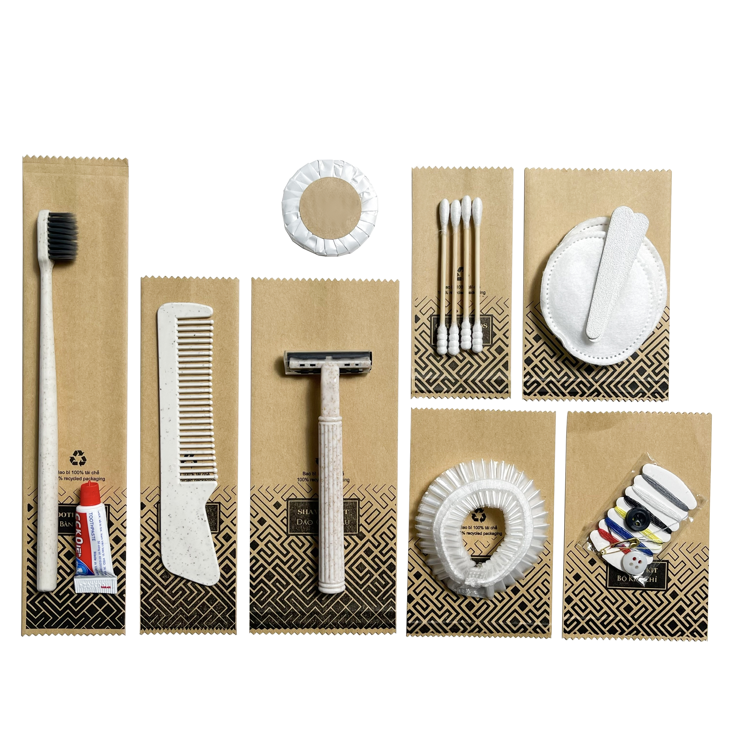 Bộ đồ amenities khách sạn combo 8 món túi kraft lõi lúa mạch